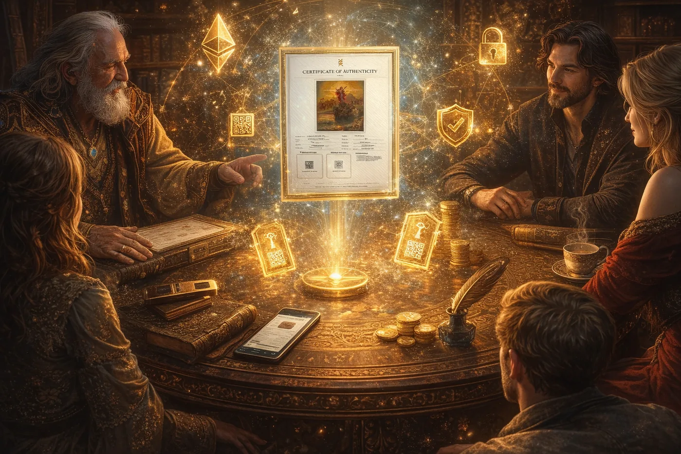 Ceremonial scene connecting physical artwork, certificate, and digital legacy