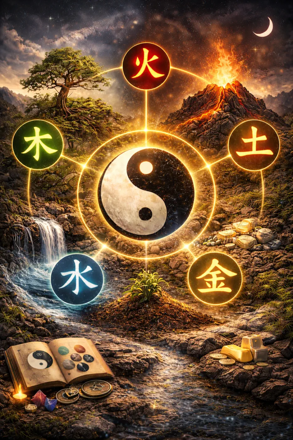 Five element BaZi diagram with yin-yang symbol and elemental landscape