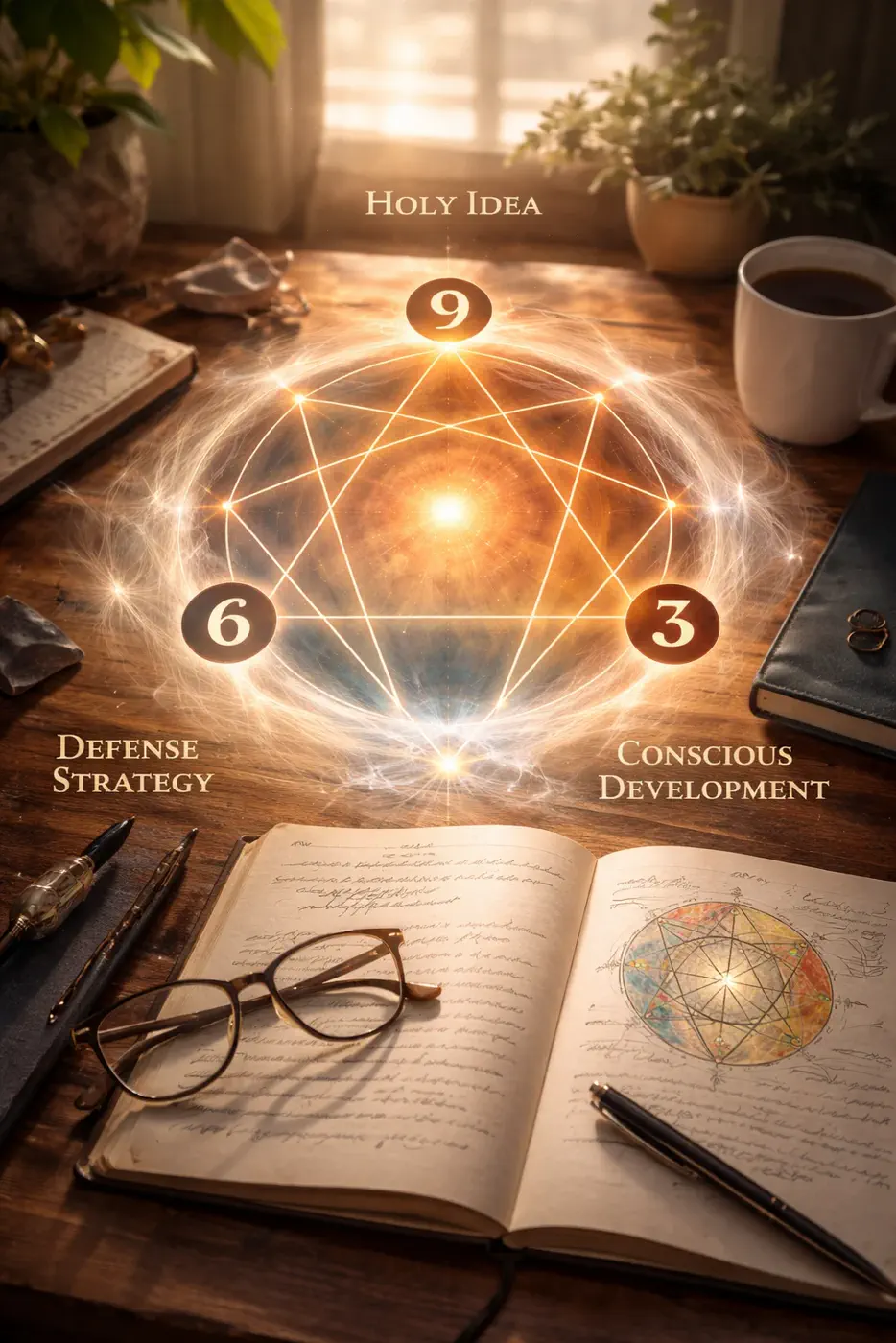 Enneagram-inspired geometric illustration with holy ideas and consciousness centers