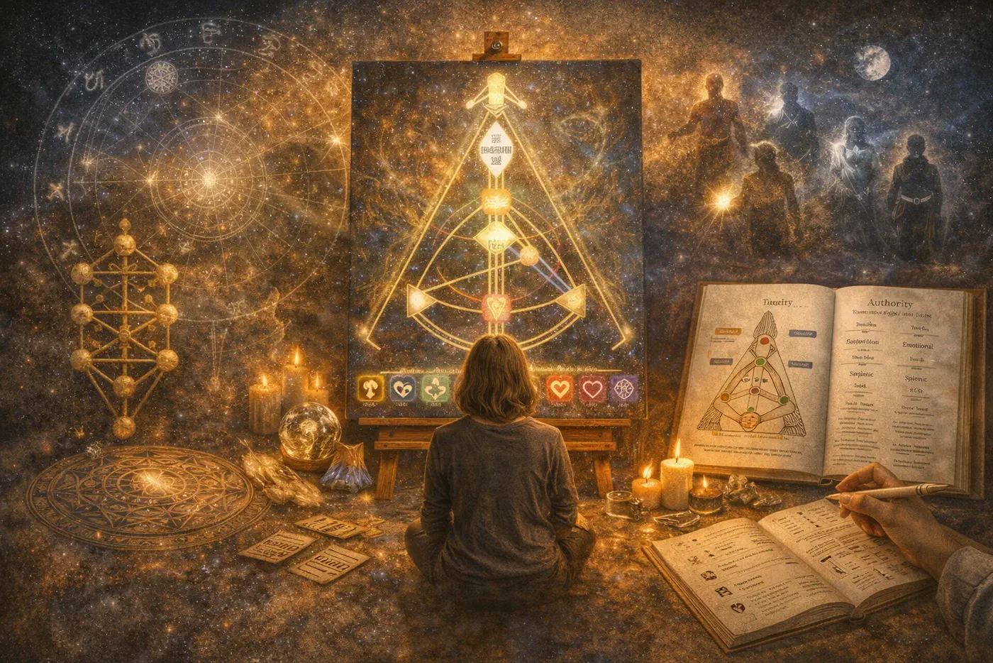 Human Design-inspired symbolic scene with bodygraph geometry, notes, and desk objects