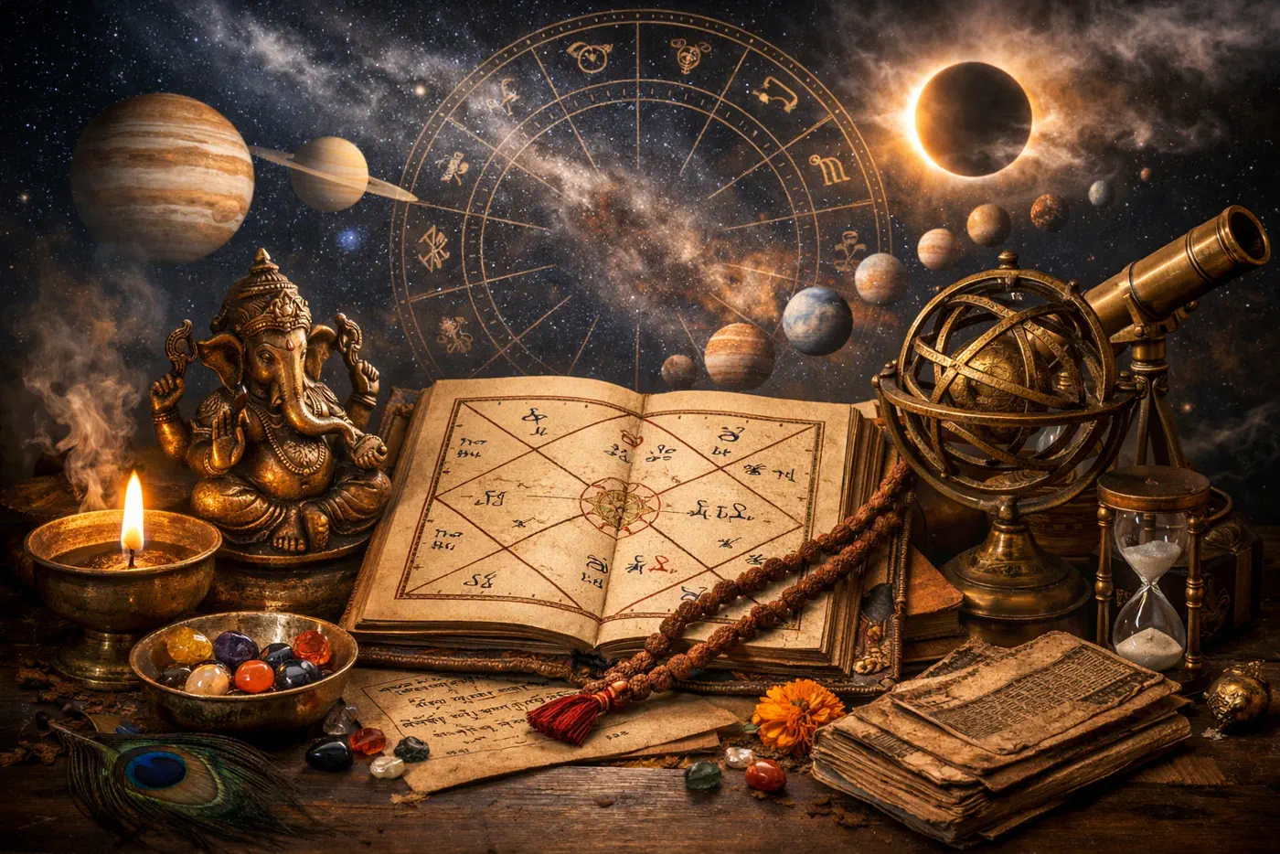 Vedic astrology scene with celestial chart, planets, sacred objects, and manuscript