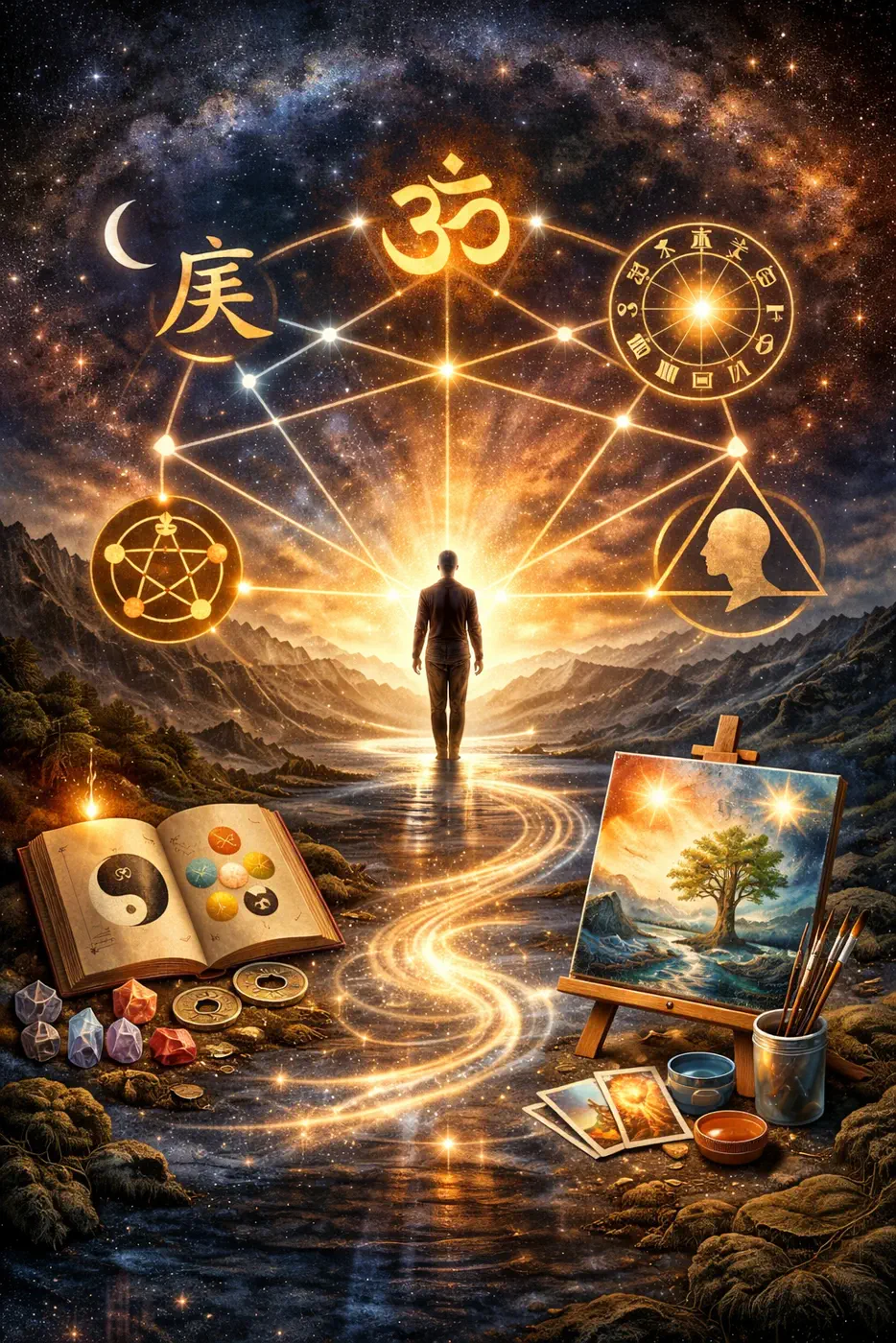 Symbolic blueprint path illuminated across a mystical landscape