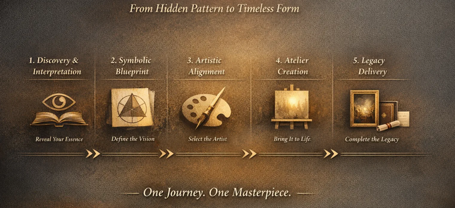 Five-stage Embrace Your Legacy process map showing discovery, symbolic blueprint, artistic alignment, atelier creation, and legacy delivery.